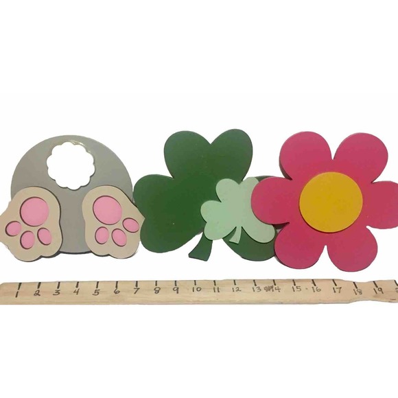 The Unbranded Brand Other - 3 Wooden Cutouts For Easter Spring Crafts Clover Flower Bunny 7" Each